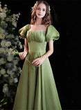 Solvbao Green Satin Short Sleeves Scoop Neckline Prom Dress, Green Long Formal Dress