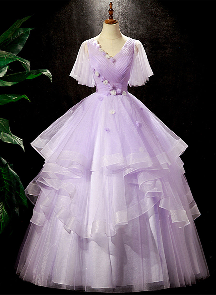 Solvbao Light Purple Tulle with Flowers Cute Long Party Dress, Purple Sweet 16 Dress