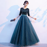 Solvbao Green Sequins and Tulle Short Sleeves Long Bridesmaid Dress, Green A-line Wedding Party Dress