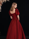 solvbao Wine Red Satin Long Prom Dress, A-line Off Shoulder Formal Dress