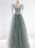 Solvbao Light Green Tulle and Satin Beaded Long Prom Dress, A-line Tulle Formal Dress