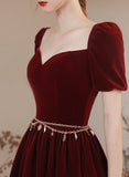 Solvbao Wine Red Velvet Long A-line Party Dress, Wine Red Evening Dress Prom Dress