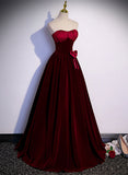 Solvbao Wine Red Sweetheart Velvet Long Party Dress, A-line Wine Red Prom Dress