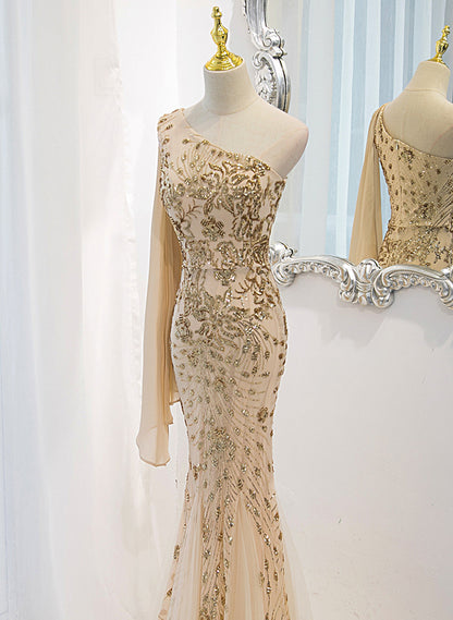 Solvbao Champagne Mermaid Long Party Dress, Champagne Sequins Prom Dress