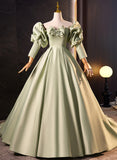 Solvbao Green Satin Off Shoulder Unique Long Party Dress, Green Satin Prom Dress