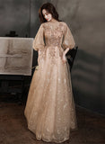 Solvbao Champagne A-line High Neckline Long Party Dress, Champagne Tulle Long Prom Dress