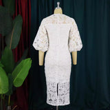 SOLVBAO Lace Hollow-out Lantern Sleeve Long Sleeve High Waist Party Evening Dress Mid-Length Dress Women's Party Dress