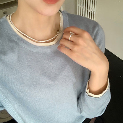 Regular contrasting color knitted sweater women's spring wool crew neck long-sleeved Korean top design sense fake two T-shirts