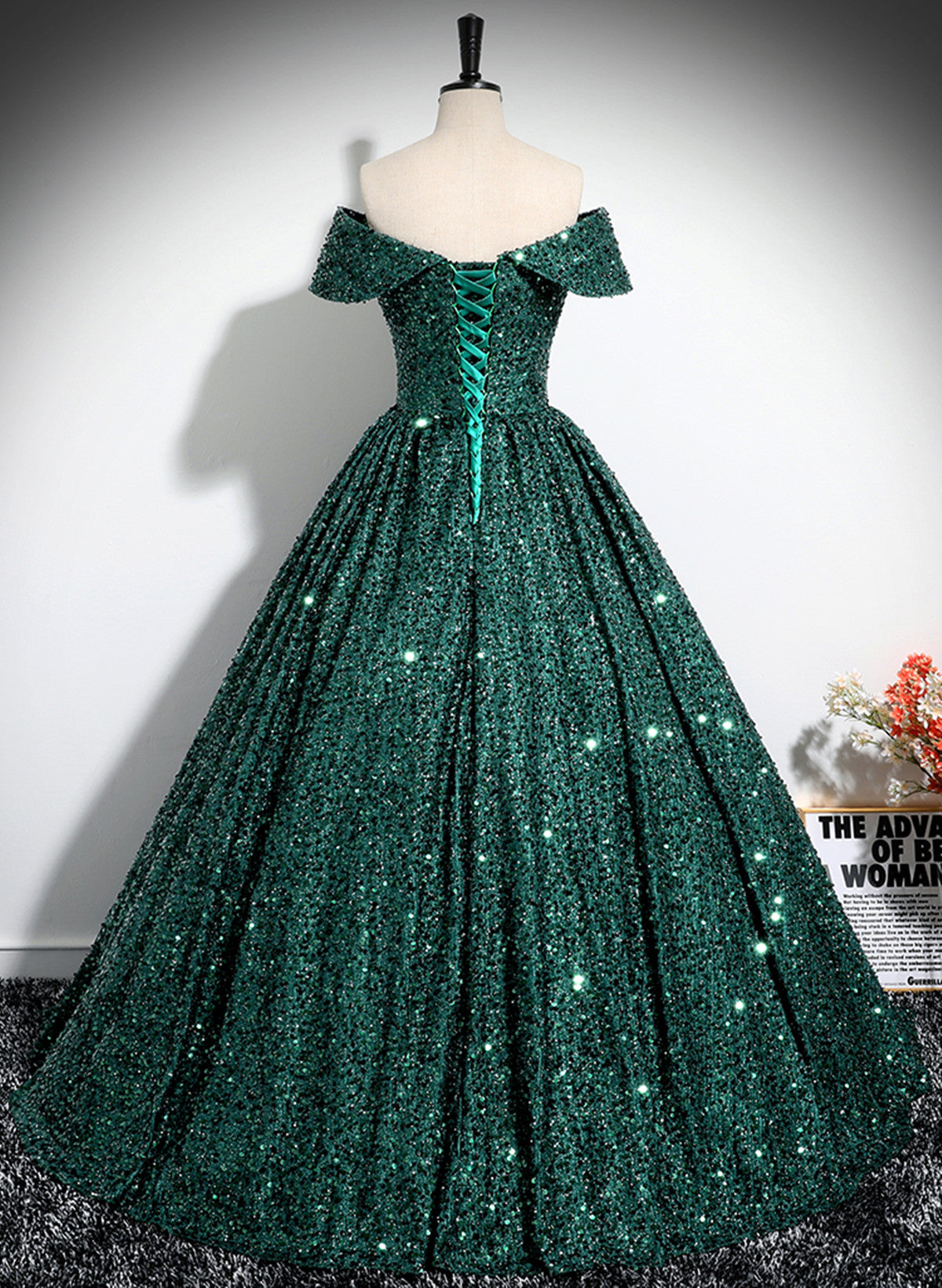 Solvbao Dark Green Sequins Off Shoulder Ball Gown Party Dress, Dark Green Formal Dress