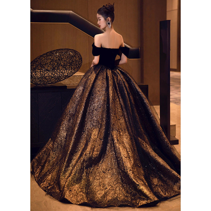 Princess Escape Evening Dress French off-Shoulder Temperament Entry Lux High Sense Art Exam Banquet Host Performance Clothes Annual Meeting