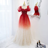 Solvbao Beautiful Gradient Red Tulle Beaded Puffy Sleeves Formal Dress, A-line Tulle Prom Dresses