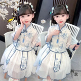 SOLVBAO Girl's Ancient Style Han Chinese Clothing Suit Chinese Style Summer Little Girl's Ancient Costume Children's Blue and White Porcelain Tang Suit Performance Wear