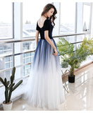 Solvbao Elegant Tulle V-neckline Blue Evening Gown,Blue Formal Dress