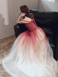 Solvbao Red Gradient Tulle Sweetheart Beaded Straps Prom Dres, Red Long Formal Dress