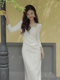 SOLVBAO White  Style Square Collar Short Sleeve Slim Stretch Long License Engagement Wedding Dress Dress