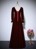 Solvbao Wine Red Velvet Long Sleeves Wedding Party Dress, A-line Velvet Prom Dress