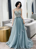 Solvbao Blue Tulle A-line Long Party Dress with Straps, Blue Long Prom Dress