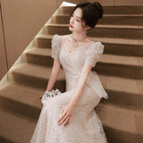 SOLVBAO Fishtail Evening Dress for Women  Summer New  Entry Lux Sequined Niche Wedding Dress Annual Meeting Dinner Dress