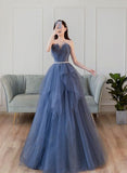 Solvbao Blue Tulle Long Formal Gown Party Dresses, Blue A-line Beaded Evening Dress