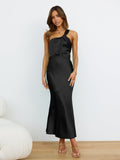 SOLVBAO High-End Women's Sleeveless One-Shoulder Long High-Grade Dress Acetate Satin Banquet Fishtail Evening Dress