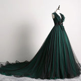 Solvbao Black and Green Beaded Tulle Long Formal Dress with Open Back, Long Prom Dress