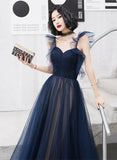 Solvbao Navy Blue Tulle Sweetheart A-line Long Formal Dress, Blue Prom Dress Party Dress