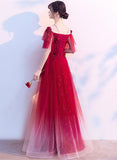 Solvbao Red Gradient Tulle A-line Long Party Dress, Round Neckline Prom Dress Formal Dress