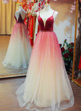 Solvbao Beautiful Dark Red Tulle Long Party Gown, Straps Gradient Prom Dress