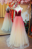 Solvbao Beautiful Dark Red Tulle Long Party Gown, Straps Gradient Prom Dress