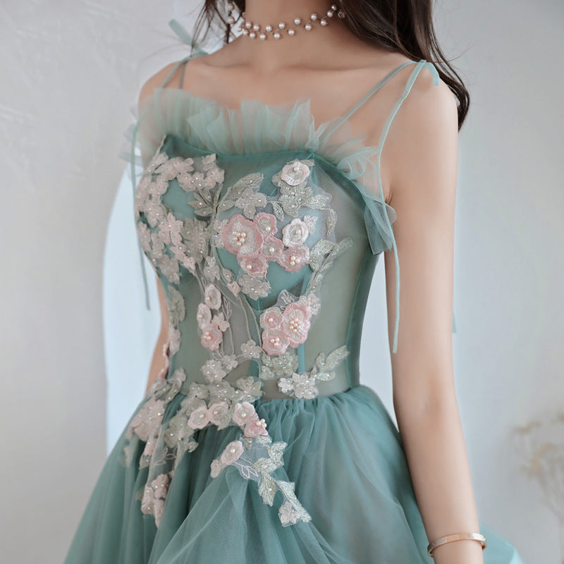 Solvbao Unique A-line Long Straps Tulle Layers Green and Pink Evening Dress, Long Prom Dress Party Dress