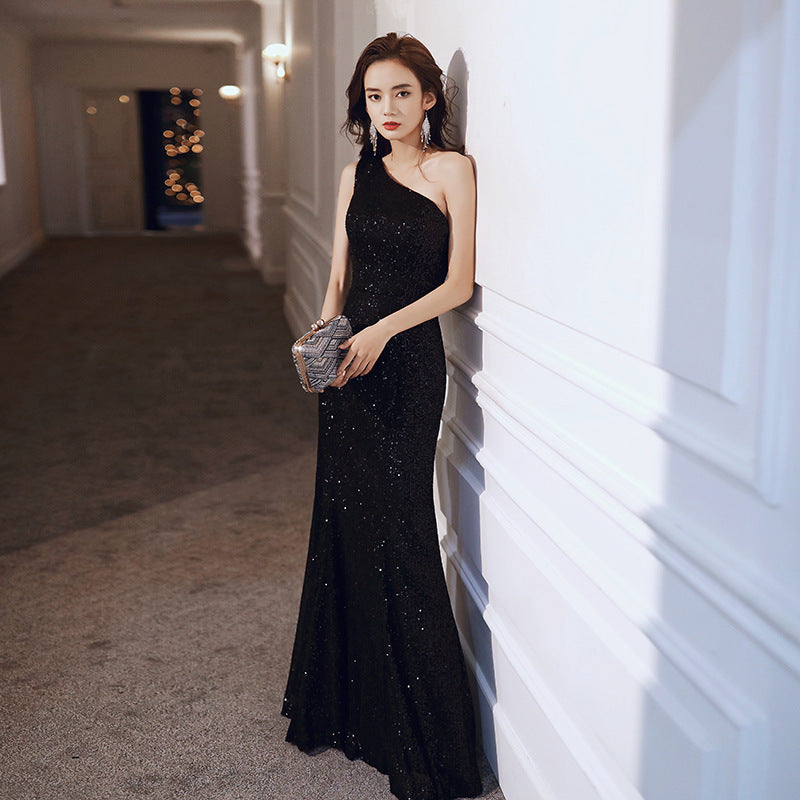 SOLVBAO Black Evening Dress Women's  New Banquet Temperament One-Shoulder Fishtail Host Dress Textured Dress/Night