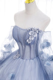 solvbao Light Blue Tulle Long Formal Dress Party Dress, Ball Gown Floral Sweet 16 Dress