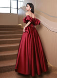 Solvbao Wine Red Satin Beaded Puffy Sleeves Long Party Dress, Wine Red Long Prom Dress