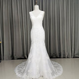 solvbao Elegant V-neckline Mermaid Lace Long Wedding Dress, Beach Bridal Gown