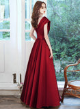 Solvbao Wine Red Satin V-neckline Floor Length Party Dress, Wine Red Satin Prom Dress