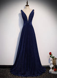 solvbao A-line Simple Navy Blue Long Evening Dress, Navy Blue V-neckline Prom Dress