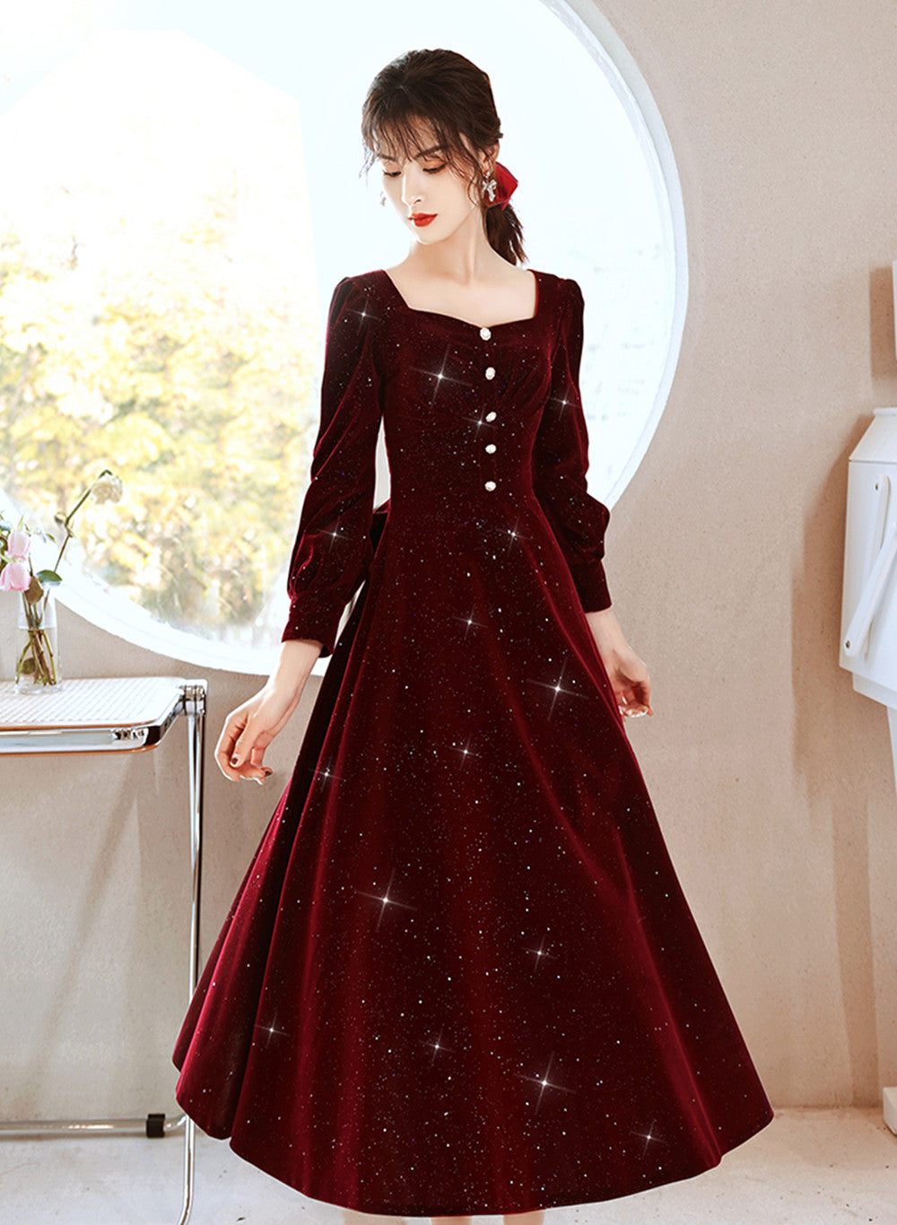 Solvbao Wine Red Velvet Elegant Tea Length Bridesmaid Dress, Wine Red Homecoming Dress