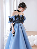 Solvbao Blue Satin Sweetheart with Bow Long Party Dress, Blue A-line Prom Dress Evening Dress