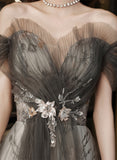 solvbao Grey A-line Floral Tulle Off Shoulder Long Party Dress, Grey Floor Length Prom Dress