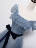 Solvbao Blue Shiny Tulle Off Shoulder Long Party Dress Party Dress, Blue Evening Gowns