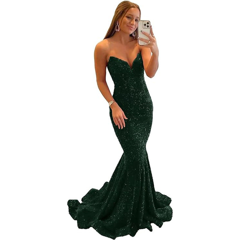 Women's Sequined Evening Dress Formal Sexy Long Prom Party Gown Fishtail Shiny V-neck Dress