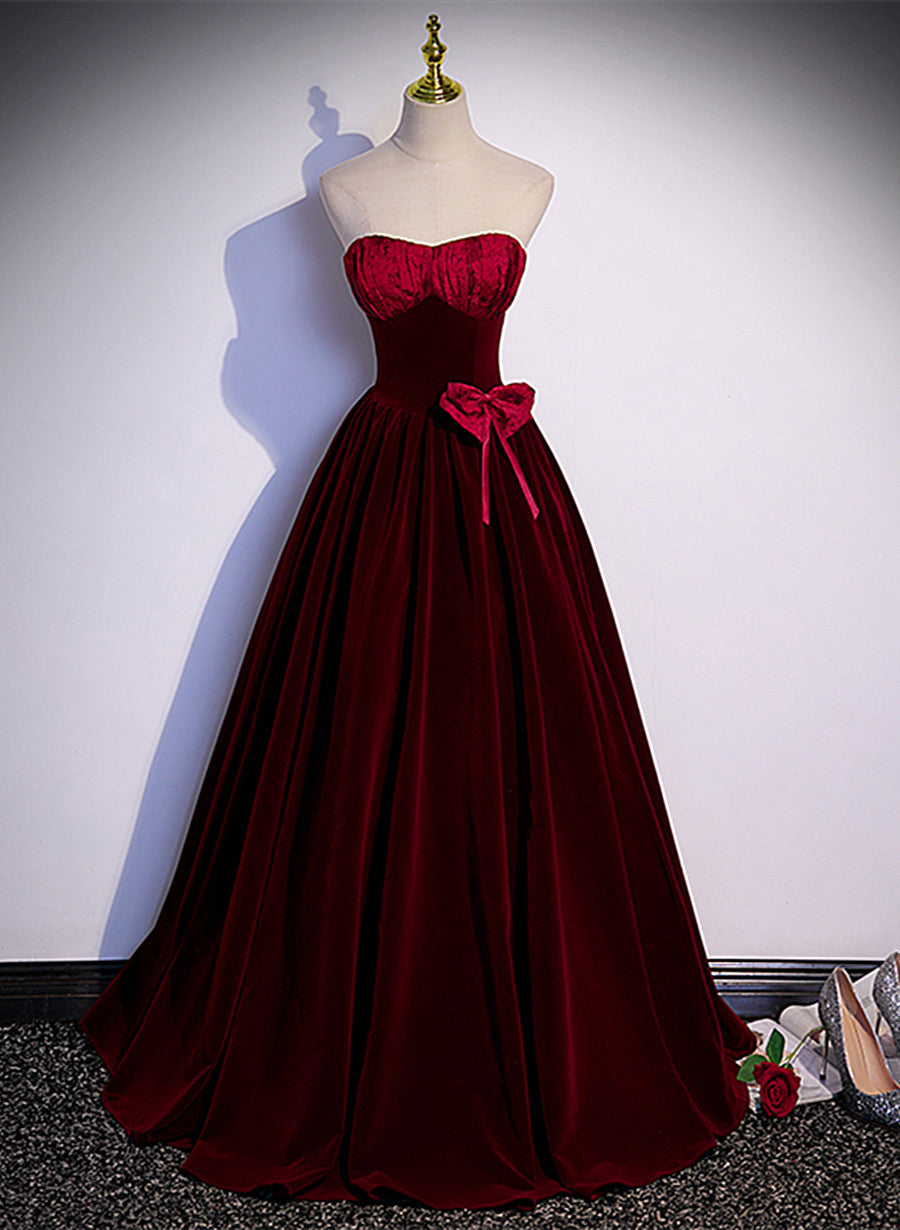 Solvbao Wine Red Sweetheart Velvet Long Party Dress, A-line Wine Red Prom Dress