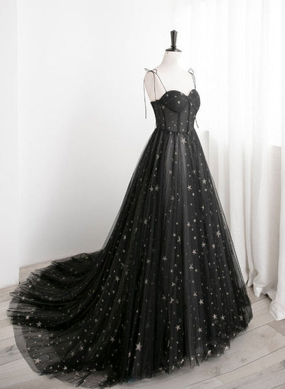 Solvbao Black Sweetheart Tulle Straps Long Evening Dress, Black Formal Dress Party Dresses