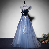 Solvbao Blue Short Sleeves Tulle with Lace Long Party Dress, Blue Formal Gowns