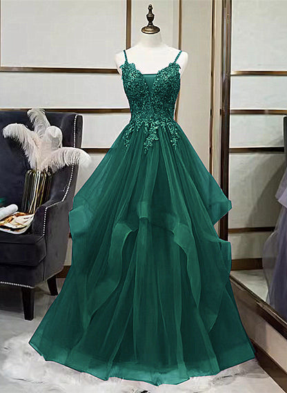 Solvbao A-line Tulle with Lace Applique Straps Long Party Dress, Green Tulle Prom Dress