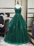 Solvbao A-line Tulle with Lace Applique Straps Long Party Dress, Green Tulle Prom Dress