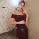 Solvbao Wine Red Velvet Leg Slit Long Prom Dress Party Dress, Mermaid Off Shoulder Gowns