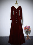 Solvbao Wine Red Velvet Long Sleeves Wedding Party Dress, A-line Velvet Prom Dress