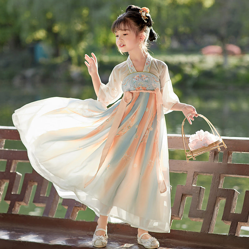 SOLVBAO Child Girl Ancient Chinese Clothing Dress Spring and Autumn Thin Hanfu Chinese Style Classical Tang Suit Jacket and Dress New Super Fairy