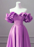 Solvbao Purple Satin Off Shoulder Long Evening Dress, Purple Wedding Party Dress